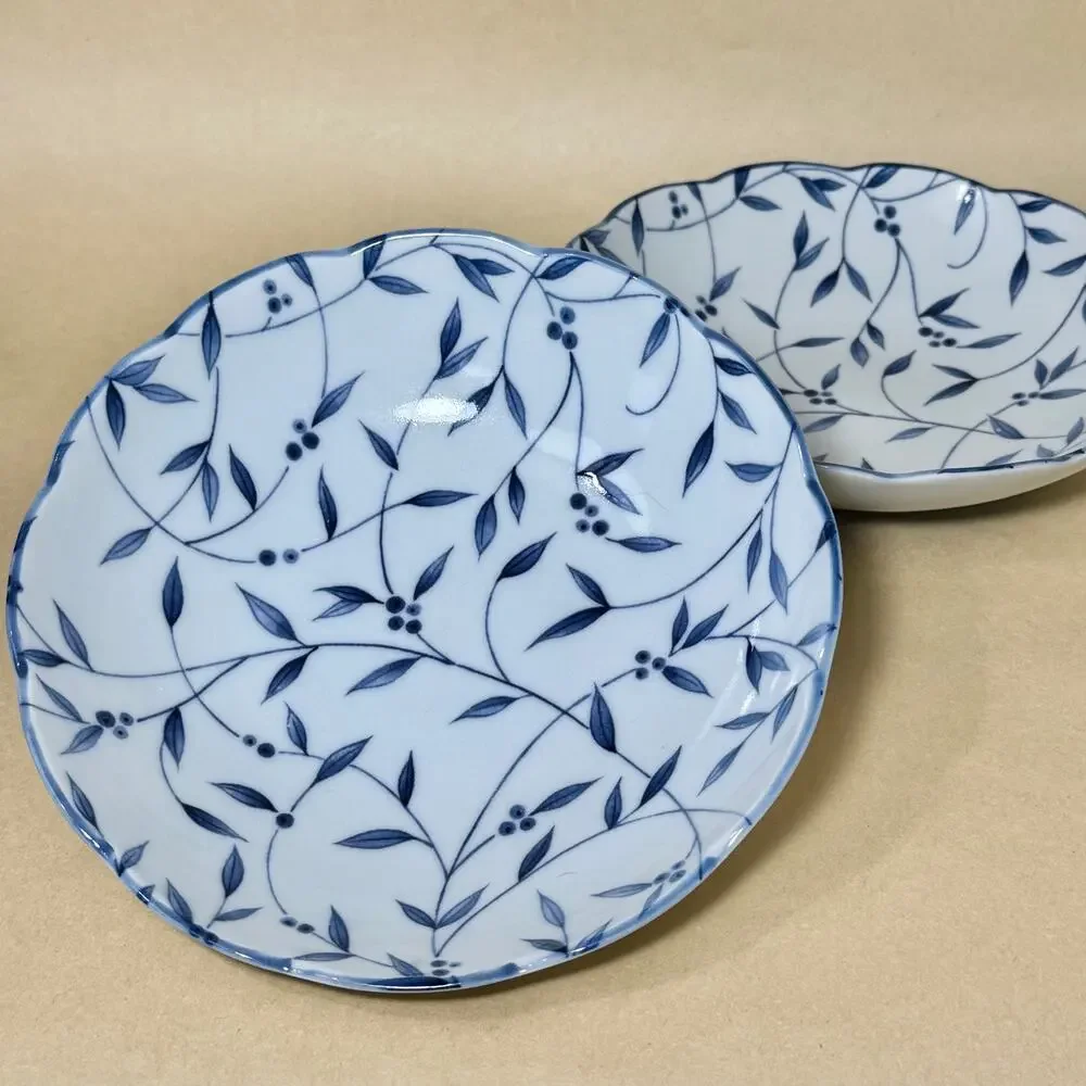 Vintage Japanese Blue and White Porcelain Floral Vine Bowls, Marked (Set of 2)